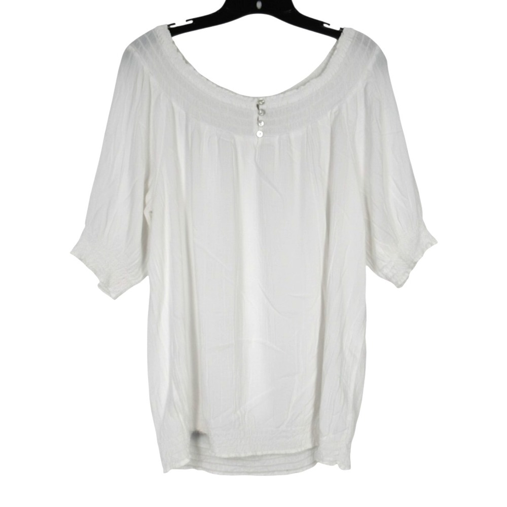 CHICO'S Thin TWILL White SMOCKED NECKLINE/HEM Buttons PEASANT BLOUSE/TOP 3/XL